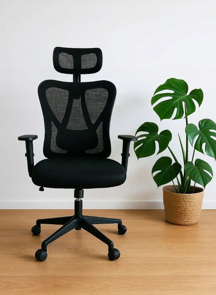 Ergonomikus irodaszék, Zola, állítható háttámlával, fejtámlával és karfával, állítható magassággal, forgó kerekekkel, hálóval, 132/122 x 70.5 x 65 cm, fekete