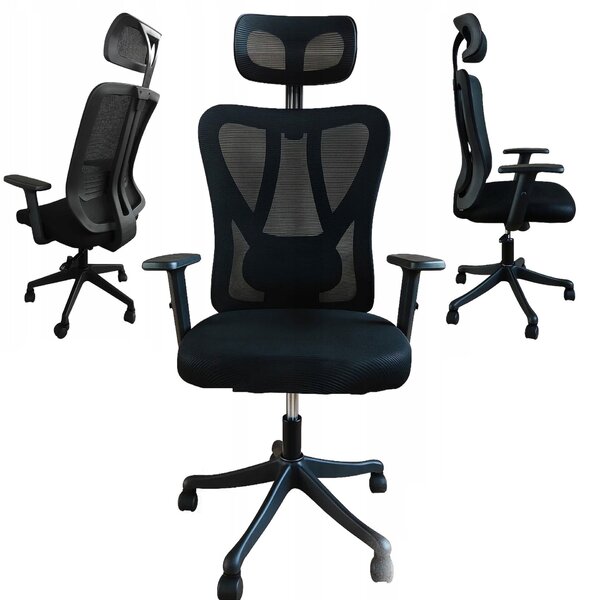 Ergonomikus irodaszék, Zola, állítható háttámlával, fejtámlával és karfával, állítható magassággal, forgó kerekekkel, hálóval, 132/122 x 70.5 x 65 cm, fekete