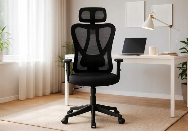 Ergonomikus irodaszék, Zola, állítható háttámlával, fejtámlával és karfával, állítható magassággal, forgó kerekekkel, hálóval, 132/122 x 70.5 x 65 cm, fekete