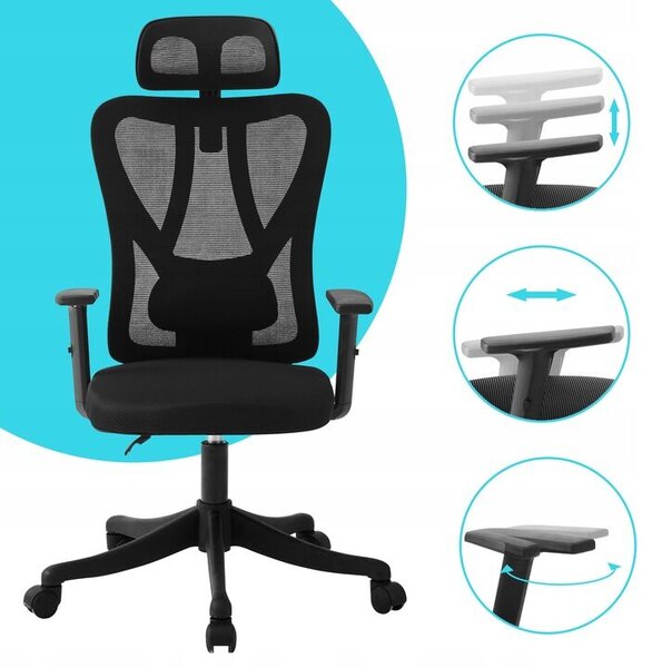Ergonomikus irodaszék, Zola, állítható háttámlával, fejtámlával és karfával, állítható magassággal, forgó kerekekkel, hálóval, 132/122 x 70.5 x 65 cm, fekete