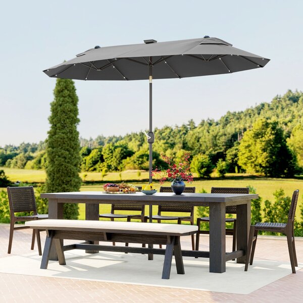 Outsunny Dupla Napernyő Kereszt Alapzattal és Napenergiás LED-ekkel, 295x150x219cm, Szürke