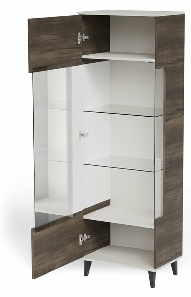 Könyvespolc Luelia 112, Zárt, Ajtókkal, Közepes sűrűségű farostlemez, Laminált forgácslap, Edzett üveg, 182x60x40cm, Dió, Kasmír