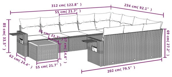VidaXL 11 db fekete polyrattan kerti kanapégarnitúra párnákkal