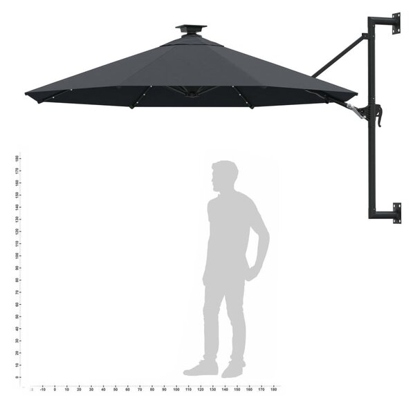 Antracitszürke fali napernyő LED-ekkel és fémrúddal 300 cm