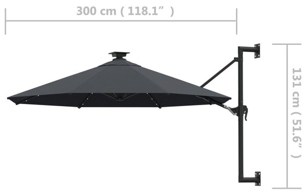 Antracitszürke fali napernyő LED-ekkel és fémrúddal 300 cm