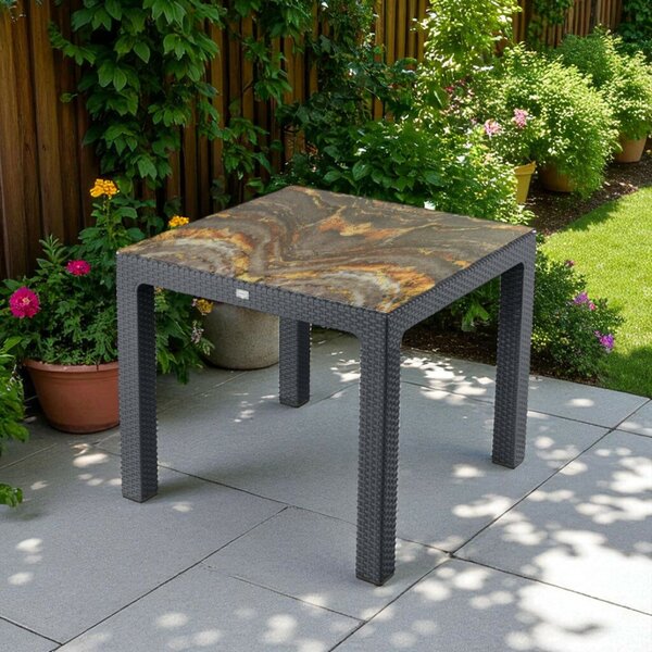 Rattan kerti asztal színes üveggel 90x90 cm - antracit színben