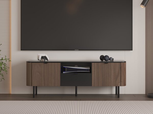 TV-állvány Epulos I, Közepes sűrűségű farostlemez, Laminált forgácslap, 55x151x39cm, Dió, Fekete