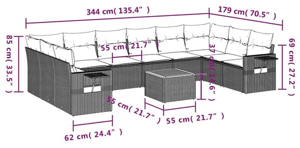 VidaXL 11 db fekete polyrattan kerti kanapégarnitúra párnákkal