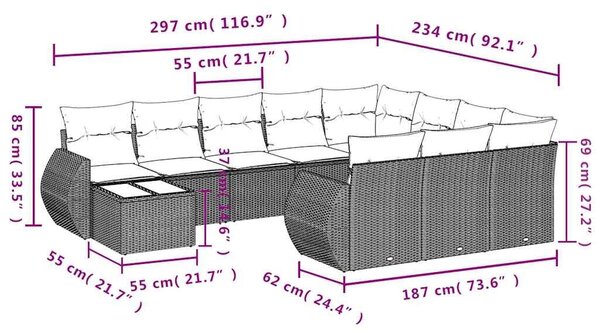 VidaXL 11 db fekete polyrattan kerti kanapégarnitúra párnákkal