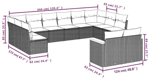 VidaXL 13 db fekete polyrattan kerti kanapégarnitúra párnákkal