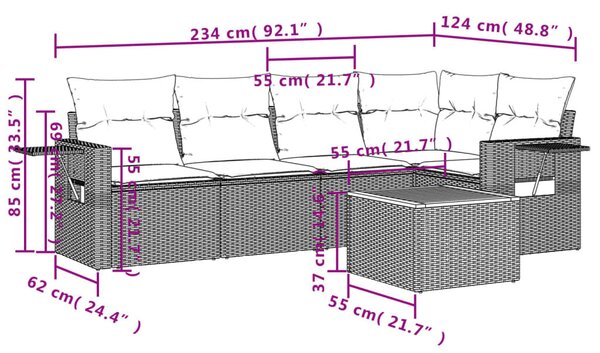 VidaXL 6 db szürke polyrattan kerti kanapégarnitúra párnákkal