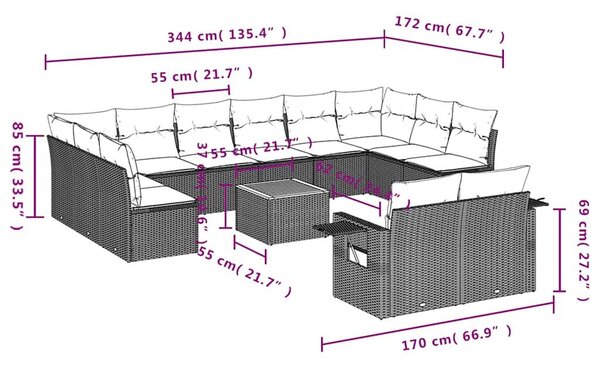 VidaXL 13 db fekete polyrattan kerti kanapégarnitúra párnákkal