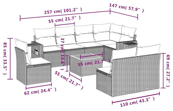 VidaXL 9 db szürke polyrattan kerti kanapégarnitúra párnákkal