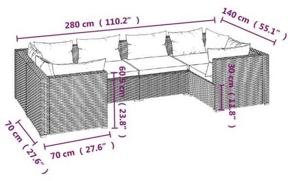 VidaXL 6 részes barna polyrattan kerti ülőgarnitúra párnákkal