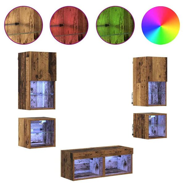VidaXL TV Fali Egységek with LED String Lights 8 pcs Öreg fa Faanyag