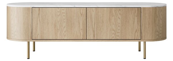 TV-állvány Comfivo Livtena, Közepes sűrűségű farostlemez, Laminált forgácslap, 45x139x40cm, Fehér márvány, Aranysárga, Tölgy