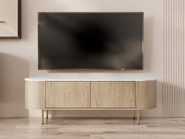 TV-állvány Comfivo Livtena, Közepes sűrűségű farostlemez, Laminált forgácslap, 45x139x40cm, Fehér márvány, Aranysárga, Tölgy