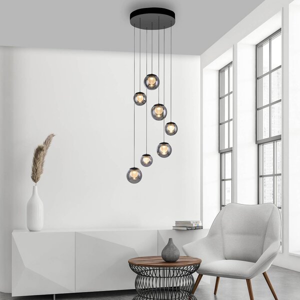 PURE Popup LED lógó lámpa, szürke/füstös szürke, Ø 40 cm, 7 izzós, dimmelhető, Alu / szürke / cink, Nappali / Étkező, Alumínium
