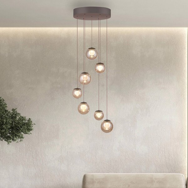PURE Popup LED lógó lámpa, bronz/borostyán, átmérő 40 cm, 7 izzós, dimmelhető, Bronz / antik sárgaréz, Nappali / Étkező, Alumínium