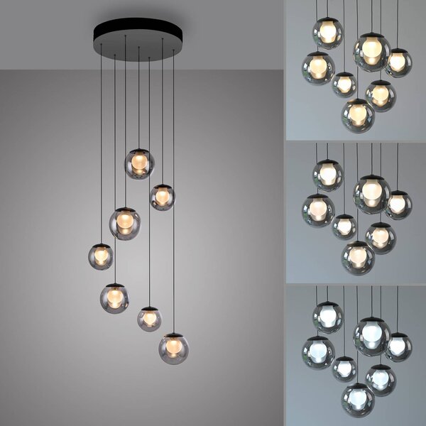 PURE Popup LED lógó lámpa, szürke/füstös szürke, Ø 40 cm, 7 izzós, dimmelhető, Alu / szürke / cink, Nappali / Étkező, Alumínium