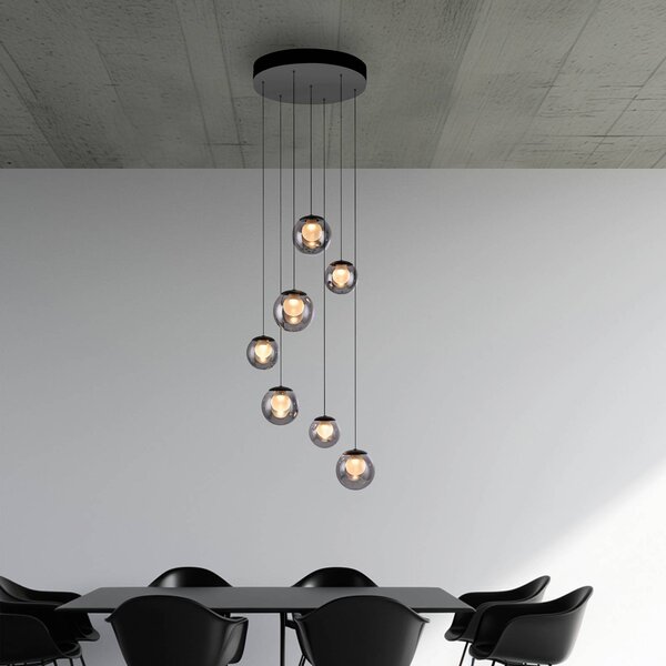 PURE Popup LED lógó lámpa, szürke/füstös szürke, Ø 40 cm, 7 izzós, dimmelhető, Alu / szürke / cink, Nappali / Étkező, Alumínium