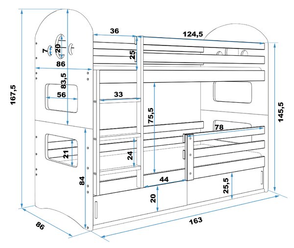 Emeletes ágy 80 x 160 cm Domur (fehér + fehér) (ágyrácsokkal és tárolóhellyel)