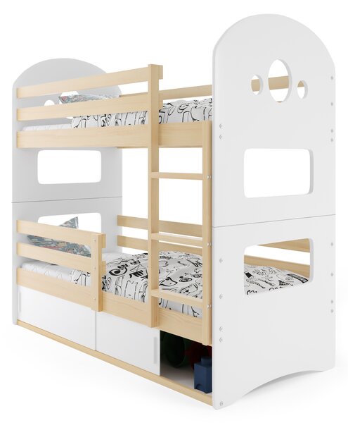 Emeletes ágy 80 x 190 cm Domur (fenyő + fehér) (ágyrácsokkal és tárolóhellyel)