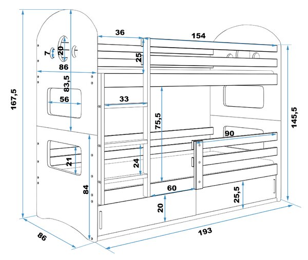 Emeletes ágy 80 x 190 cm Domur (fenyő + fehér) (ágyrácsokkal és tárolóhellyel)