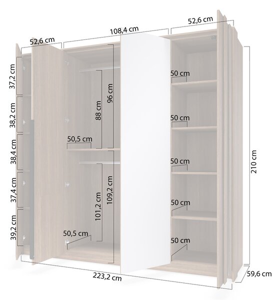 Flaro nyitható gardróbszekrény 223 cm világítással - dunin tölgy