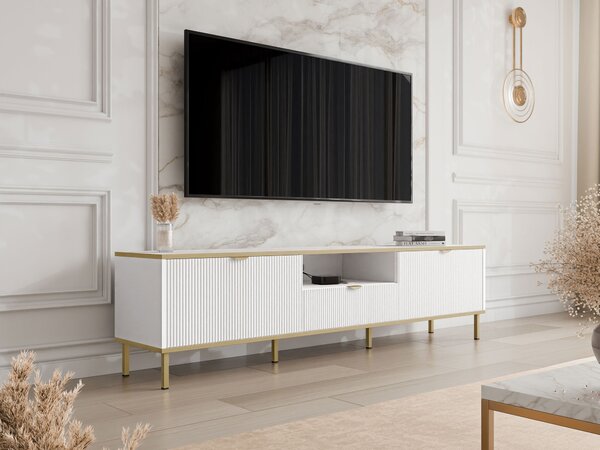 TV-állvány Comfivo Elblare, Közepes sűrűségű farostlemez, Laminált forgácslap, 46x181x35cm, Aranysárga, Fehér