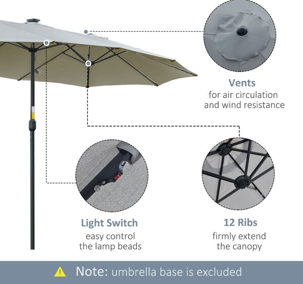Outsunny Dupla Kerti Napernyő, 4,5m, 48 LED Fénnyel és Kurblival, Világosszürke