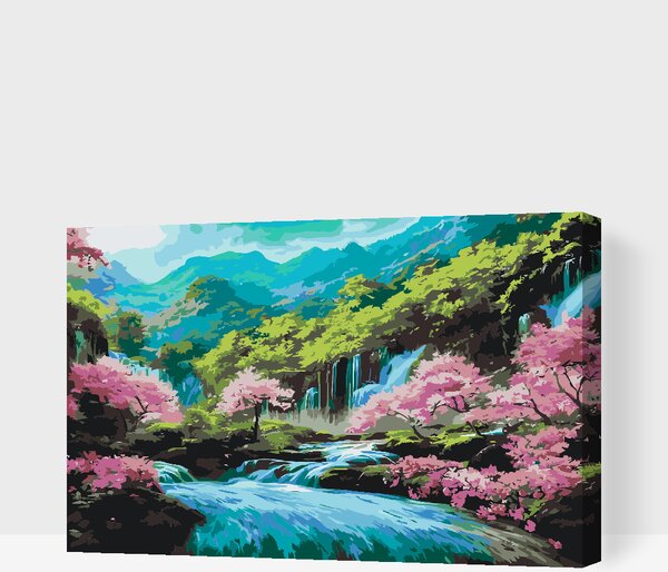 Gario Festés számok szerint Virágzó fák a vízesés közelében Méret: 60 x 40 cm, Keretezés: Kerettel