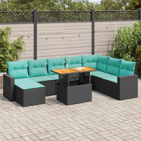 VidaXL 9 részes fekete polyrattan kerti ülőgarnitúra párnákkal