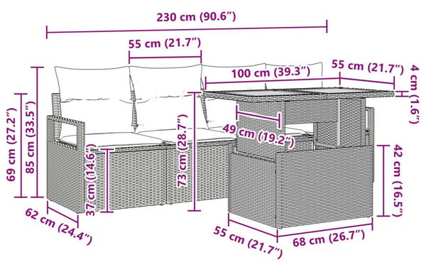 VidaXL Kerti kanapészett párnákkal, 5 részes, szürke és sötétkék