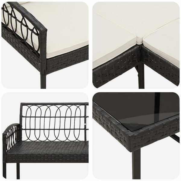VidaXL Kerti Kanapé Szett 2 pcs Fekete és Krém Poli Rattan Acél