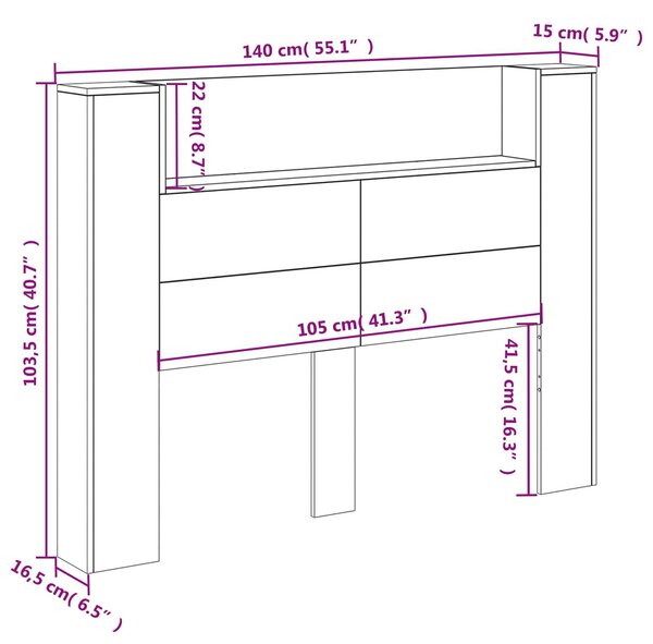 VidaXL Fejtámla LED -es lámpákkal Fehér 140 x 16,5 x 103,5 cm Faanyag