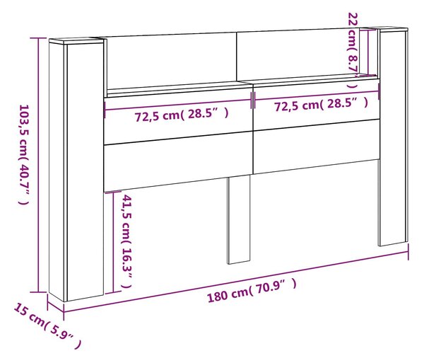 VidaXL Fejtámla polcokkal Füstölt tölgy 180 x 16,5 x 103,5 cm Faanyag