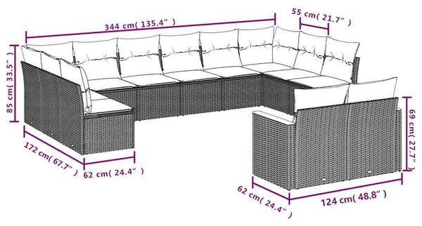 VidaXL 12 db szürke polyrattan kerti kanapégarnitúra párnákkal