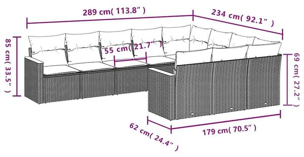 VidaXL 10 db fekete polyrattan kerti kanapégarnitúra párnákkal