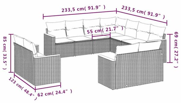 VidaXL 11 db fekete polyrattan kerti kanapégarnitúra párnákkal