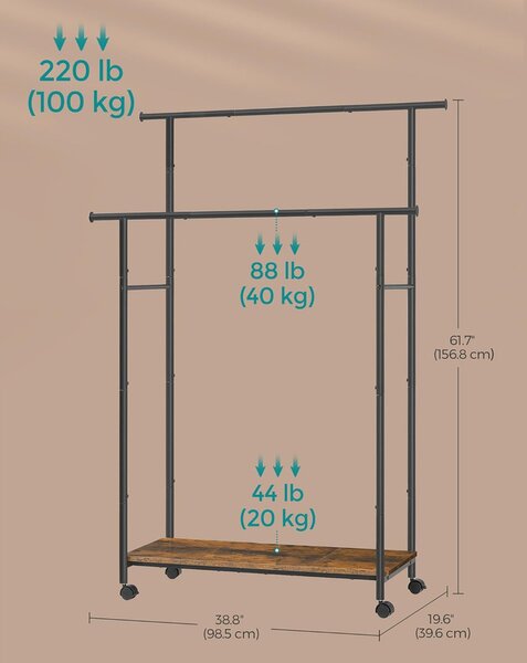 SONGMICS hordozható ruhaállvány, 98,5 cm széles, dupla sín, 100 kg teherbírás