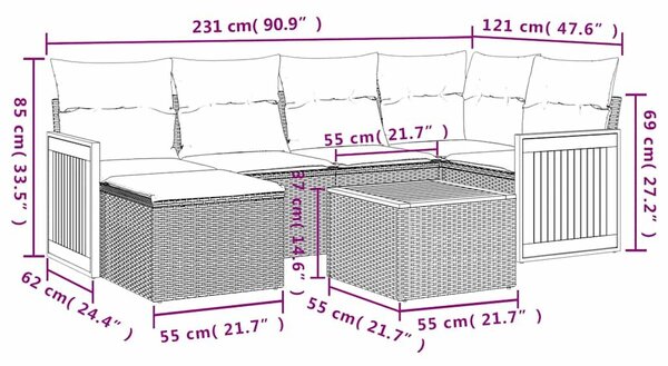 VidaXL 7 db fekete polyrattan kerti kanapégarnitúra párnákkal