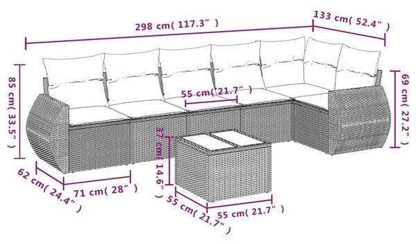 VidaXL 7 db szürke polyrattan kerti kanapégarnitúra párnákkal