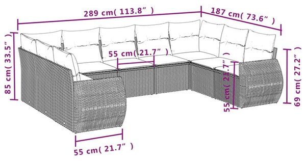 VidaXL 9 db barna polyrattan kerti kanapégarnitúra párnákkal