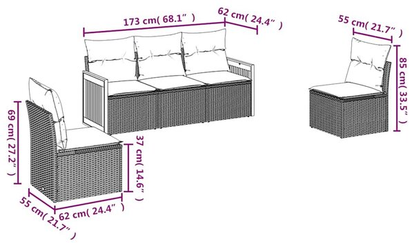 VidaXL 5 db fekete polyrattan kerti kanapégarnitúra párnákkal