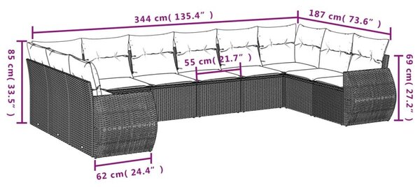 VidaXL 11 db fekete polyrattan kerti kanapégarnitúra párnákkal