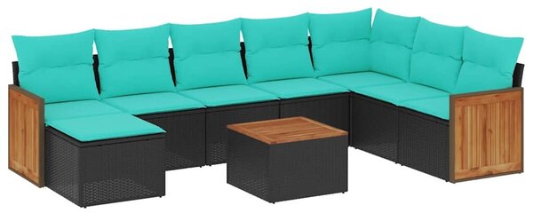 VidaXL 9 db fekete polyrattan kerti kanapégarnitúra párnákkal