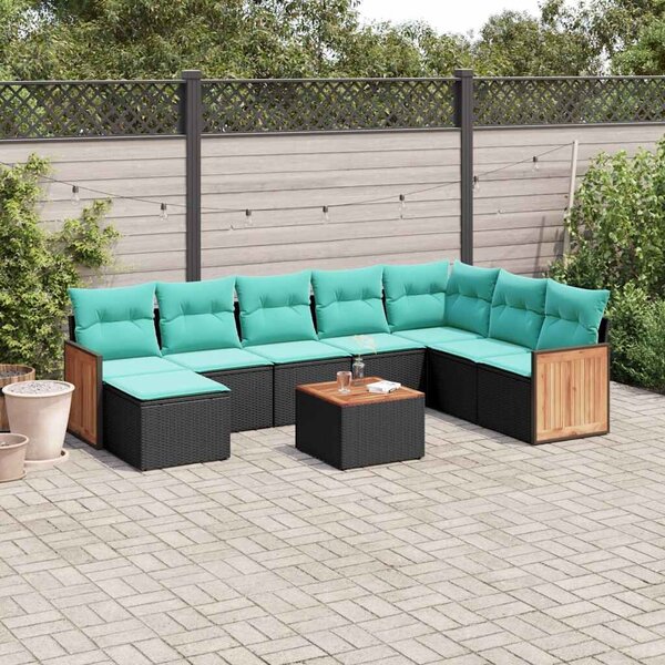 VidaXL 9 db fekete polyrattan kerti kanapégarnitúra párnákkal