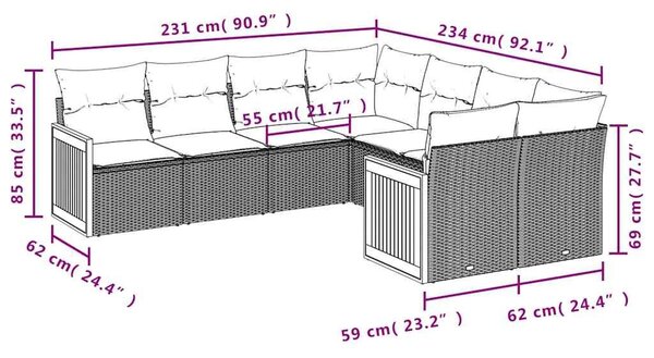 VidaXL 8 db fekete polyrattan kerti kanapégarnitúra párnákkal