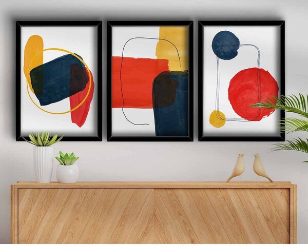 Elegáns dekoratív keretes MDF festmények (3 db), 38 x 53 cm | 100% MDF és fa keret | Élénk vörös, mustár, sötétkék és fehér | Tökéletes otthoni dekorációhoz